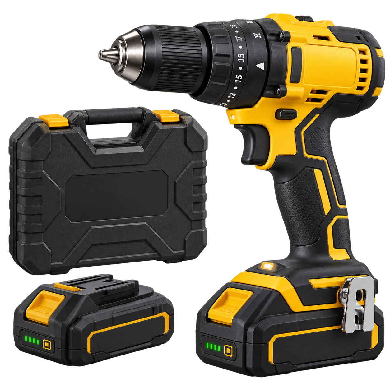 Cordless drill with two batteries and case