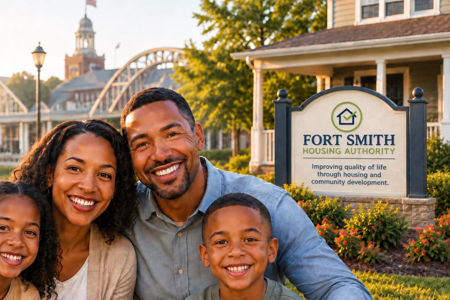 A Fort Smith family beside Fort Smith Housing Authority signage